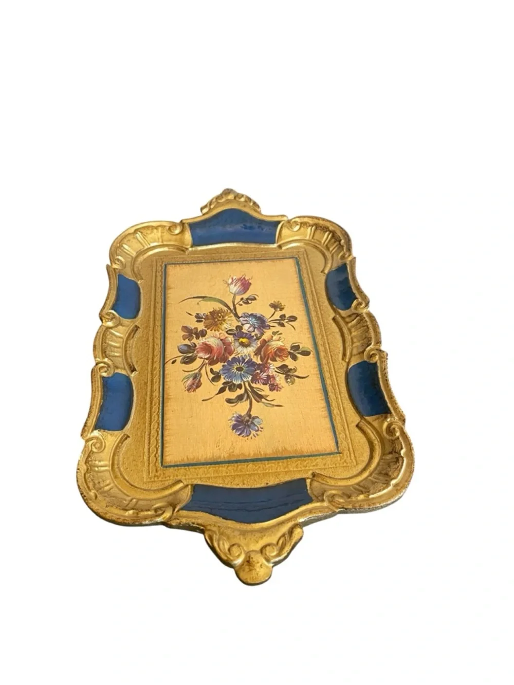 Vintage Florentine Italian Wood Tray Gold Gilt Blue Floral Hand Painted Ornate